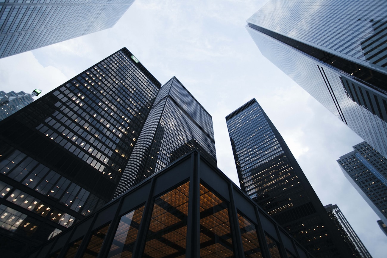 Corporate towers viewed from below
