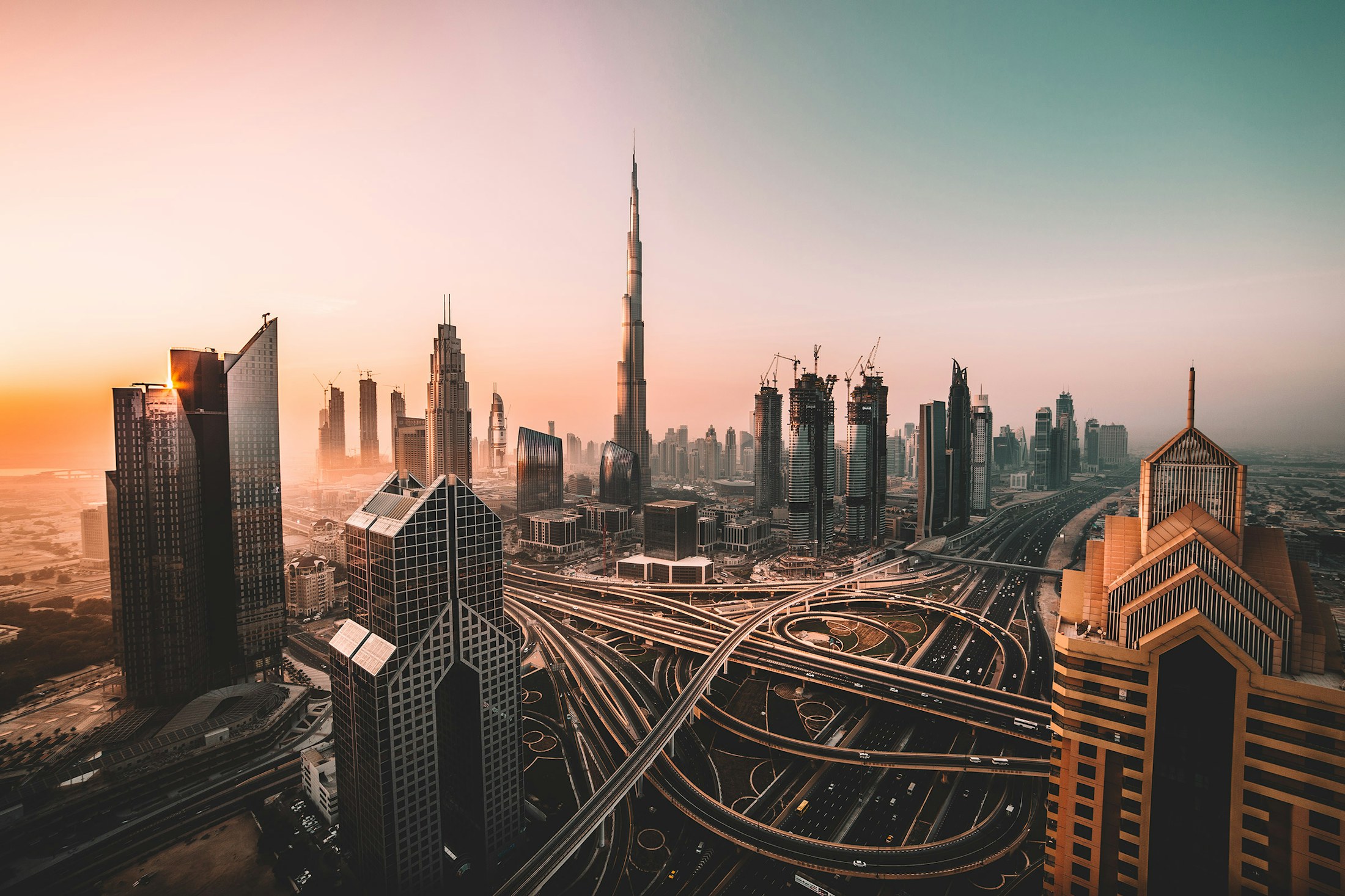 Dubai financial district with illuminated skyline